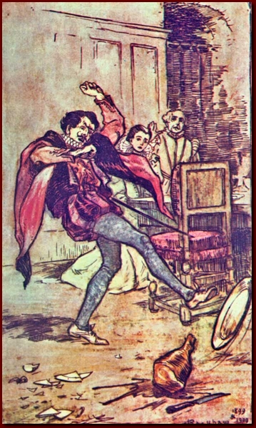 Petruchio, pretending to find Fault with every Dish, threw the Meat about the Floor